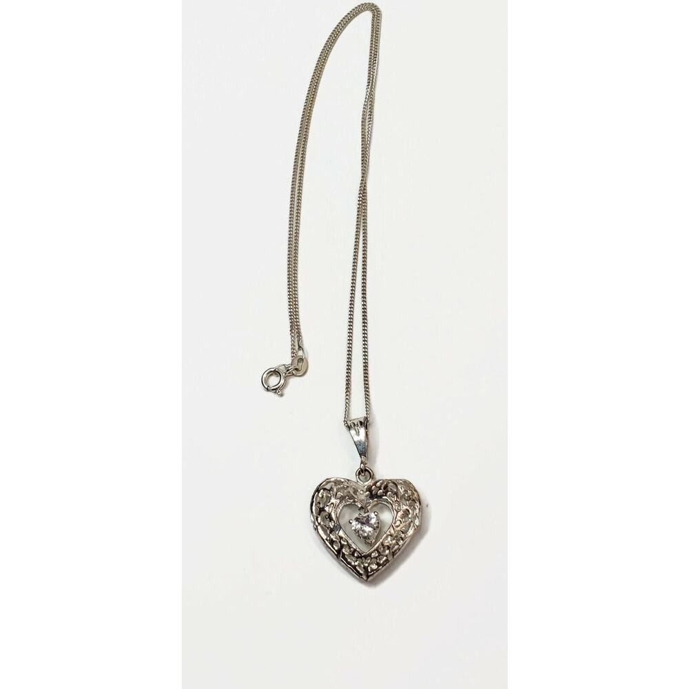 Sterling Silver Cubic Zirconia CZ Cut Out Design Heart Pendant Necklace 18"
